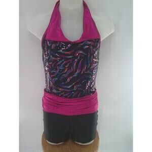 Dance Costume AWCT 13174 Large Child 12-14 Pink Biketard Jazz Tap Sequins